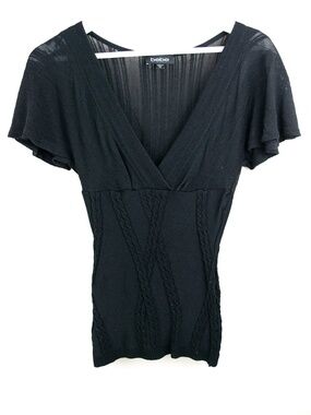 Bebe V-neck Short Sleeve Knit Cable Textured Flutter Sleeve Black Size XS